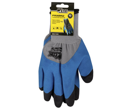 PE gloves gray, with blue latex coating reinforced (black fingers) WERK with pendant